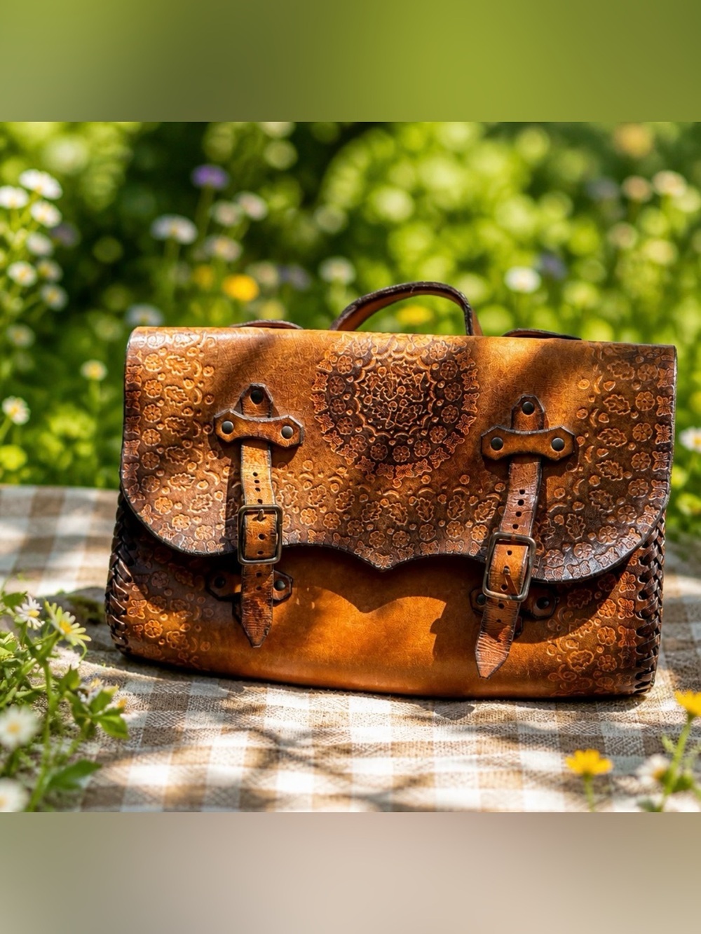 Vintage 70’s Handmade Tooled Leather Messenger Briefcase